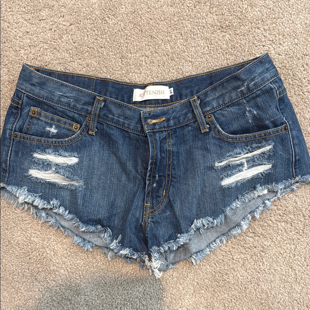 Kittenish Blue Distressed Jean Shorts Raw Hem